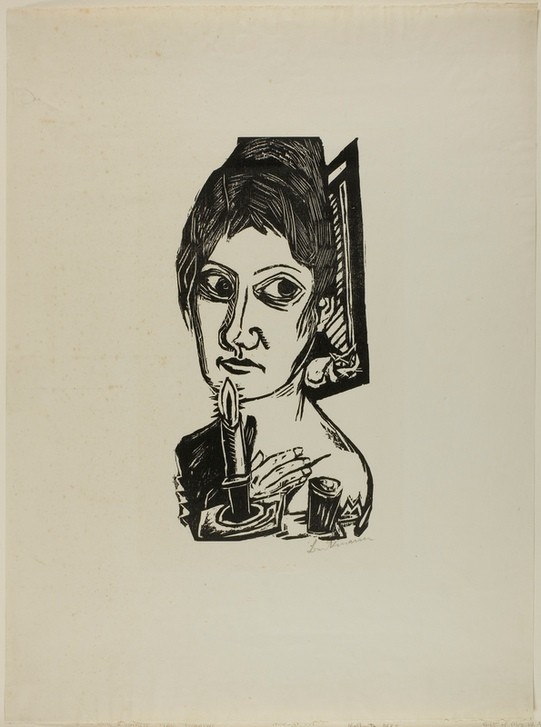 Max Beckmann, Woman with Candle (Klassische Moderne, Kreidezeichnung, Portrait, Frau, Kerze, Expressionismus, Menschen, kantig, Wunschgröße, Wohnzimmer, schwarz/weiß)