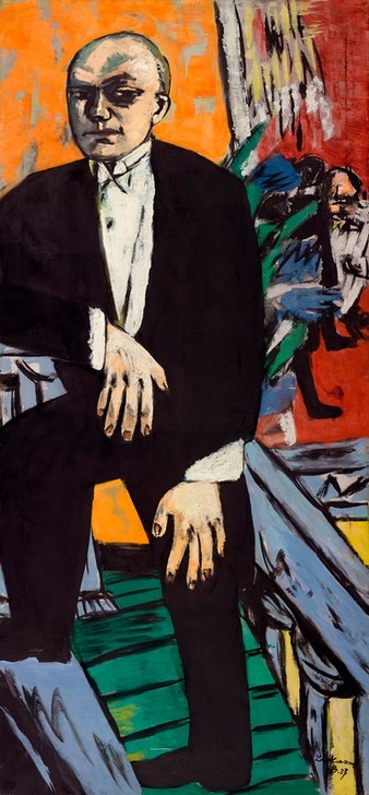 Max Beckmann, Selbstporträt (Selbstportrait, Künstler, Beckmann, Anzug, Eleganz, Expressionismus, Klassische Moderne, Malerei, Wohnzimmer, Treppenhaus, Wunschgröße, bunt)