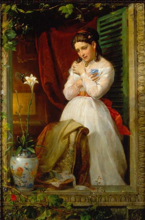 Manuel Ocaranza, Die Liebe des Kolibri (Brief,Erotik,Frau,Kunst,Liebe,Lilie,Mexikanische Kunst,Vogel,Unschuld,Jungfrau,Liebesbrief,Defloration,Genre,Amerikanische Kunst,Kolibri (Vogel),Sexualsymbol,Frau Und Tier,Frauenleben,Tier,Jungfräulichkeit,Symbolik)