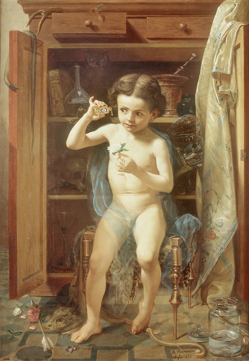 Manuel Ocaranza, Liebesstreiche (Kind,Kunst,Mexikanische Kunst,Mythologie,Rose,Schrank,Akt,Allegorie,Unordnung,Gift,Amerikanische Kunst,Sexualität,Knabe,Streich,Geschlechtskrankheit,Böse (Moral),Griechisch-Römische Mythologie,Pharmazie,Vergiftung,Giftschrank,Mutwille)