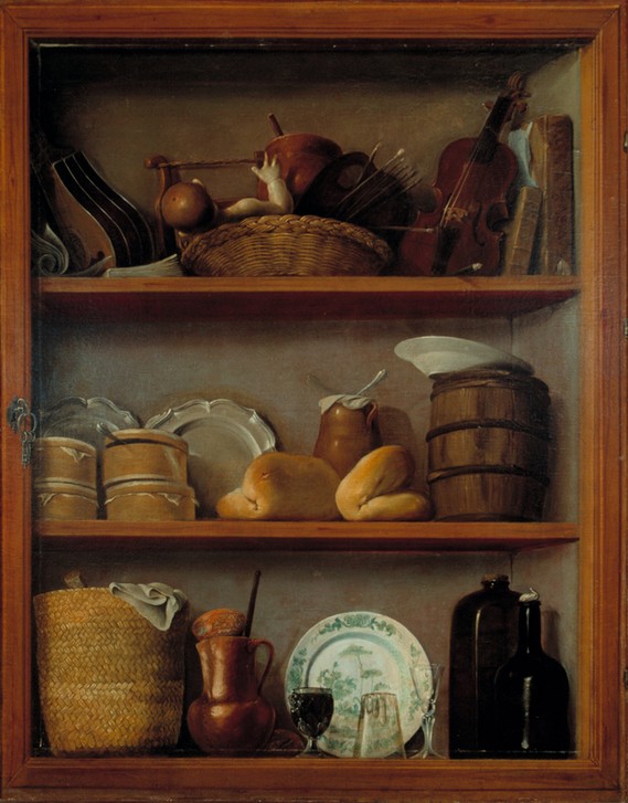 Antonio Perez de Aguilar, Der Wandschrank des Malers (Kunst,Maler (Künstler),Mexikanische Kunst,Puppe (Gegenstand),Schrank,Geige,Rokoko,Stillleben,Regal,Palette,Trompe L'oeil,Teller,Flasche,Amerikanische Kunst,Korb,Weinglas,Brötchen,Haushalt,Trinkglas,Kolonialspanische Kunst,Wandschrank,Sammelsurium)