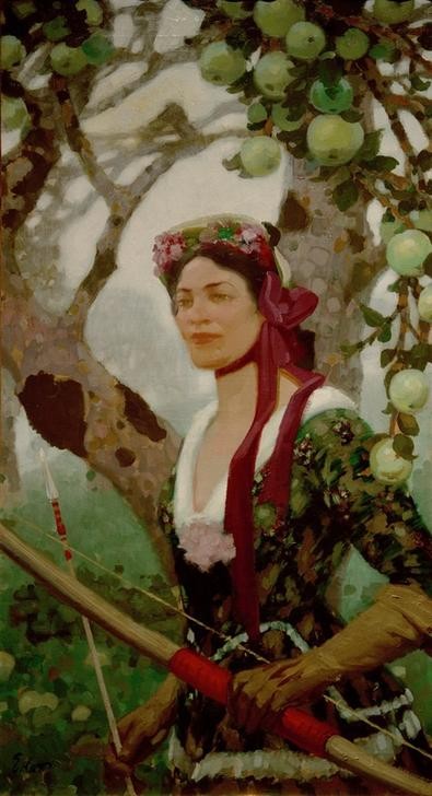 Fritz Erler, Moderne Diana  (Frau, Portrait, Pfeil, Bogen, Göttin, Apfelbaum, Garten, Klassische Moderne, Mythologie, Wunschgröße, Wohnzimmer,)