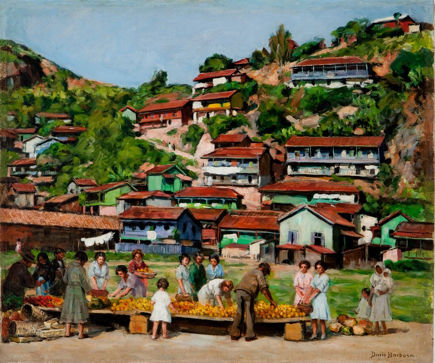 Dario Villares Barbosa, Morro da Penha, Santos (Bergdorf, Dorf, Markt, Menschen, Händler, Obst, Sommer, Wunschgröße, Expressionismus, Wohnzimmer)