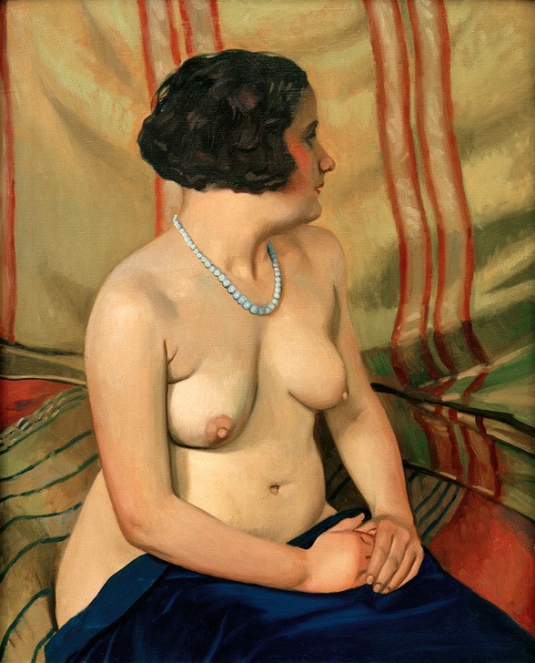 Felix Vallotton, Femme au collier bleu (Frau mit blauer Halskette) (Frau,Schmuck,Neue Sachlichkeit,Akt,Halskette,Französische Kunst,Schweizerische Kunst,Nacktheit,Halbakt,Nabis,Sitzen,Halbfigur,Frisur)