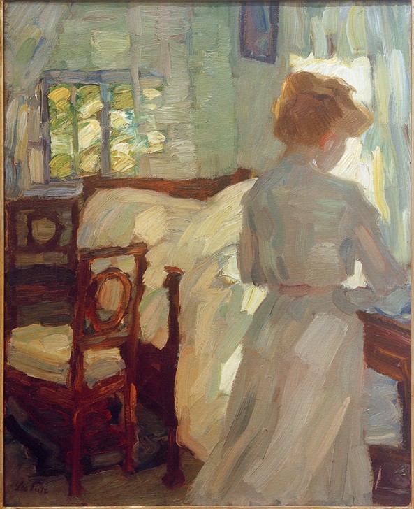 Leo Putz, Morgensonne II  (Stube, Zimmer, Interieur, Bett, Sonnenlicht, Frau, Genremalerei, Wunschgröße, Impressionismus, Klassische Moderne, Wohnzimmer,)