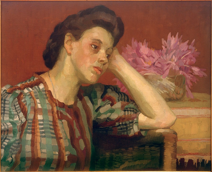 Reinhold Max Eichler, Herbstzeitlose (Frau, Potrait, Halbprofil, nachdenklich, Mensch und Gesellschaft, Blumen, Blüten, Personifikation, Esszimmer, Wohnzimmer, Wunschgröße, klassische Moderne,)