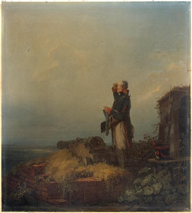 Carl Spitzweg, Auslug (Deutsche Kunst,Handarbeit,Kanone,Landschaft,Mann,Militär,Soldat,Waffe,Stricken,Biedermeier,Wachtposten,Langeweile,Einsamkeit,Strickzeug,Ausblick,Aussicht)