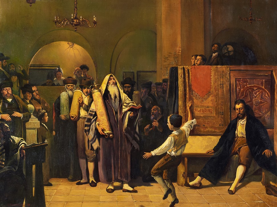 Józef Pankiewicz, Simchat Tora (Synagoge, Judentum, Religion, Tora, Schriftrolle, tanzender Knabe, Realsimus, Malerei, Wunschgröße, Klassische Moderne, Wohnzimmer)