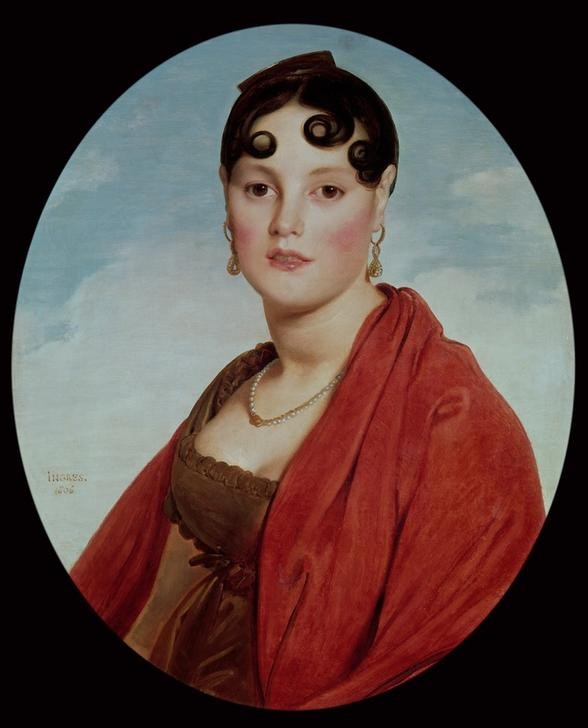JEAN-AUGUSTE-DOMINIQUE INGRES, Madame Aymon, genannt die schöne Zélie (Damenmode,Frau,Mensch,Mode,Schmuck,Schönheit,Ohrring,Klassizismus,Dekollete,Portrait,Halskette,Bilderrahmen,Empire,Perlenkette,Schultertuch,Französische Kunst,Teint,Junge Frau,Locke,Rot,Oval,Frisur)