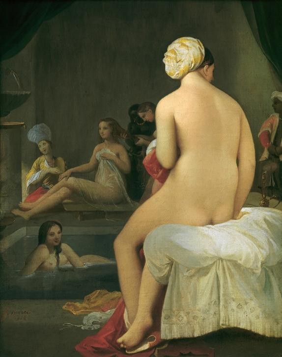 JEAN-AUGUSTE-DOMINIQUE INGRES, Badende (Körperpflege,Bad,Erotik,Frau,Sklave,Akt,Orientalismus,Harem,Rückenakt,Rückenfigur,Französische Kunst,Türkisches Bad,Frauenbad,Exotik,Eunuch,Duftgefäss,Frauenleben,Frau Im Islam,Ganzfigurig,Islamische Länder,Kopftuch,Islamische Welt)