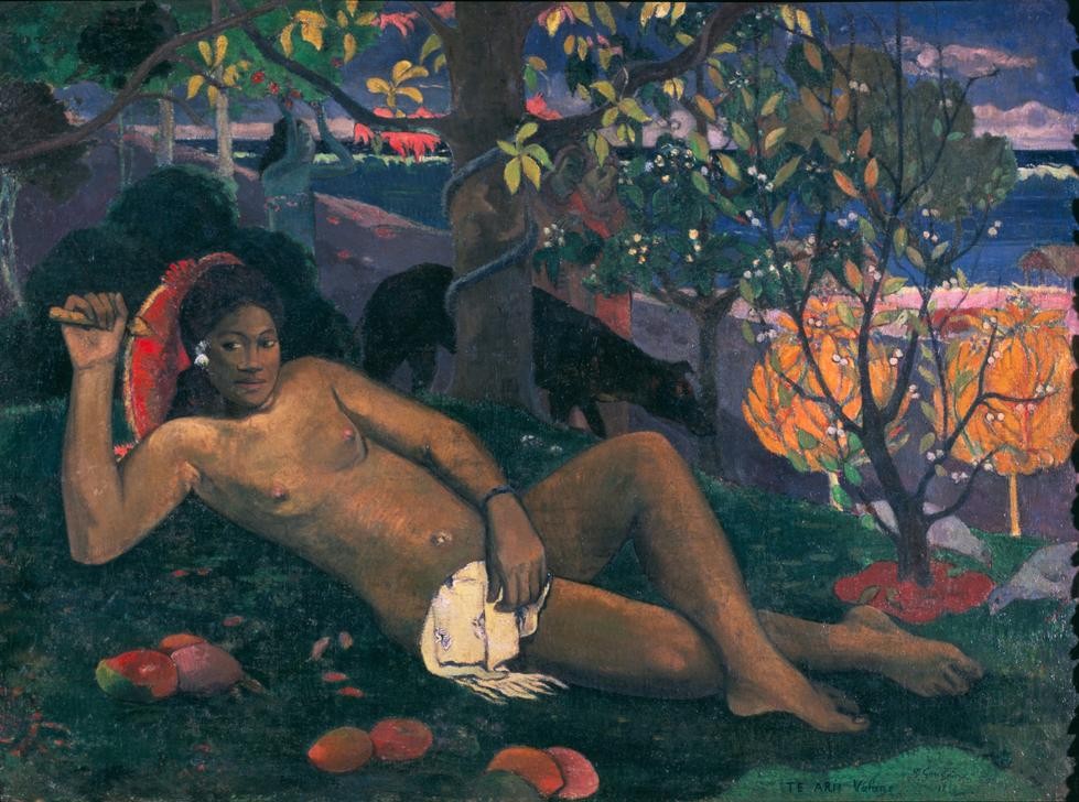 Paul Gauguin, Te Arii Vahine (Braut,Dienstboten,Fächer,Frau,Früchte,Landschaft,Mädchen,Strand,Textil,Völkerkunde,Schönheit,Alter,Meer,Hund,Akt,Portrait,Baum,Französische Kunst,Scham,Diener,Europäisierung,Pose,Exotik,Tier,Kopf,Junge Frau,Liegen,Tropen,Ureinwohnerin,Naturverbundenheit,H)