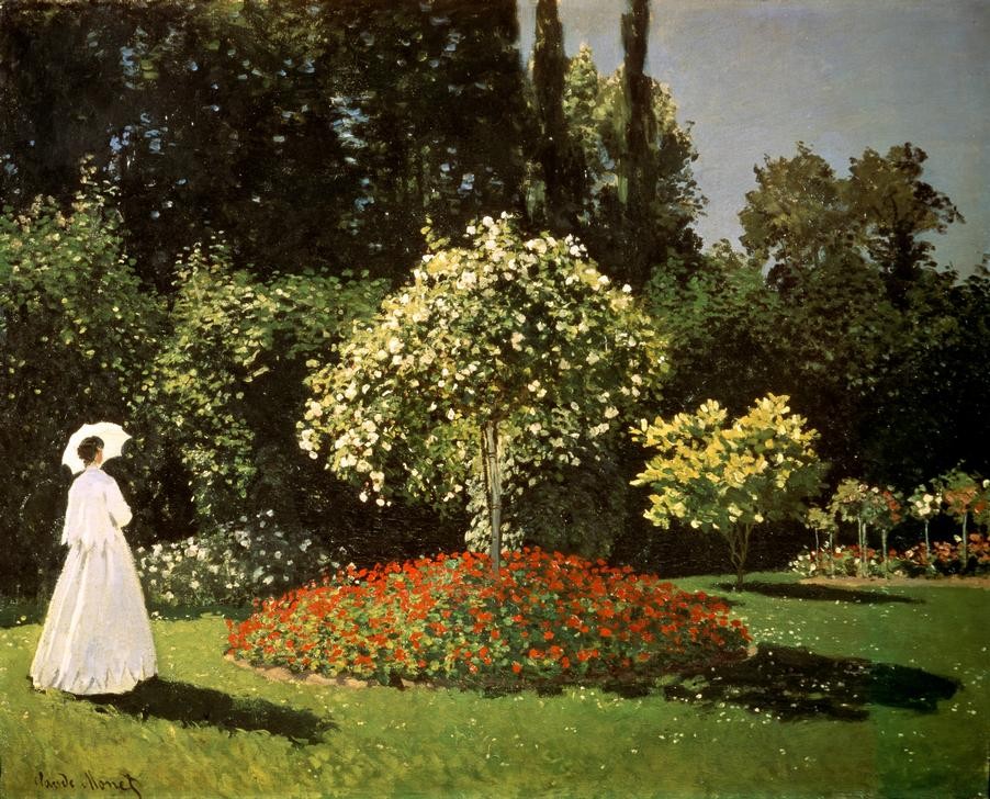 Claude Monet, Jeanne-Marguerite Lecadre au jardin (Botanik,Damenmode,Frau,Jahreszeiten,Menschen Im Park,Mode,Sommer,Spaziergang,Impressionismus,Frühling,Hausgarten,Wiese,Sonnenschirm,Bürgertum,Rückenfigur,Französische Kunst,Synästhesie,Rasen,Ziergarten,Blüte,Licht Und Schatten,Naturverbundenheit,Rundbeet,)