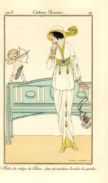 Victor Lhuer, Unbekannt (DAMENHUT, DAMENMODE, FRAU, MODE, BANK (SITZGELEGENHEIT), ORIENTALISMUS, ART DECO, KÖCHER, FRANZÖSISCHE KUNST, KOPFSCHMUCK, ELEGANZ, ILLUSTRATION, TASCHE, GÜRTEL, HAUTE COUTURE, BELLE EPOQUE, SCHABLONE, MODEZEICHNUNG, FASHION)