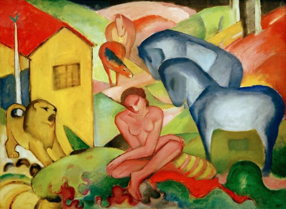 Franz Marc, Der Traum (Deutsche Kunst,Frau,Haus,Kunst,Landschaft,Löwe (Tier),Pferd (Tier),Traum,Akt,Allegorie,Friede,Expressionismus,Der Blaue Reiter,Tierliebe,Haustier,Harmonie,Landleben,Frau Und Tier,Schneidersitz,Tier,Natur,Sitzen,Naturverbundenheit,Ganzfigurig,Lila,Körperha)