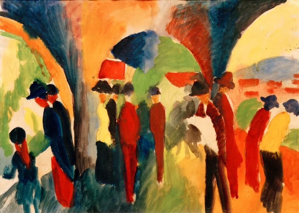 August Macke, Spaziergänger (Spaziergänger, Stadt, Arkaden, bögen, Architektur, Schaufenster, flanieren,  Wohnzimmer, Treppenhaus, Expressionismus,  Klassische Moderne, Malerei, Wunschgröße, bunt)