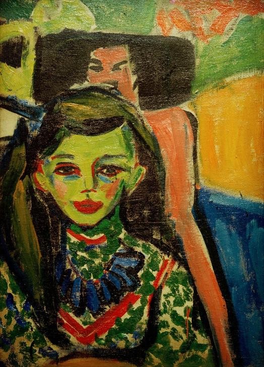 Ernst Ludwig Kirchner, Fränzi vor geschnitztem Stuhl (Deutsche Kunst,Kind,Kunst,Mädchen,Mensch,Portrait,Expressionismus,Die Brücke,Exotik,Stuhl,Primitivismus,Halbfigur,Farbigkeit,Kunst Der Naturvölker,Farbe)
