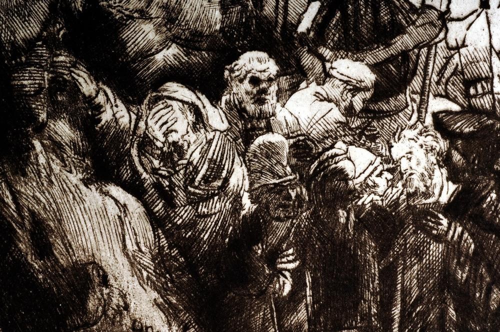 Rembrandt Harmenszoon van Rijn, Kreuzigung (Christentum,Religion,Barock,Neues Testament,Bibel,Kreuzigung,Niederländische Kunst,Passion Christi,Privatsammlung,Ausschnitt)