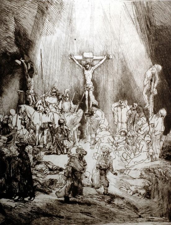 Rembrandt Harmenszoon van Rijn, Kreuzigung (Christentum,Religion,Barock,Neues Testament,Bibel,Kreuzigung,Niederländische Kunst,Passion Christi,Privatsammlung,Ausschnitt)