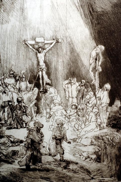 Rembrandt Harmenszoon van Rijn, Kreuzigung (Christentum,Religion,Barock,Neues Testament,Bibel,Kreuzigung,Niederländische Kunst,Passion Christi,Privatsammlung,Ausschnitt)
