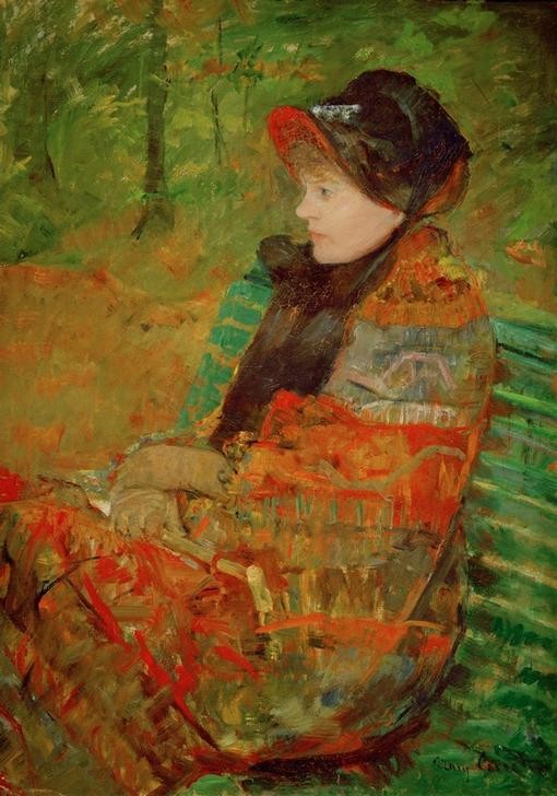 Mary Cassatt, Autumn or Portrait of Mademoiselle C. (Damenhut,Damenmode,Frau,Handschuh,Herbst,Jahreszeiten,Kopfbedeckung,Kunst,Landschaft,Mantel,Mensch,Mode,Bank (Sitzgelegenheit),Impressionismus,Hut,Frauenkunst,Schal,Portrait,Amerikanische Kunst,Im Freien (Allgemein),Us-Amerikanische Kunst,Kleidung (Allgem)