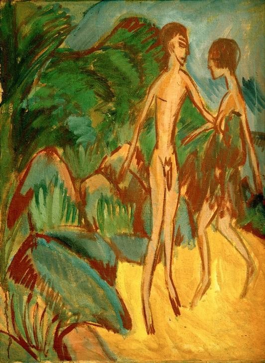 Ernst Ludwig Kirchner, Nackter Jüngling und Mädchen am Strand (Bad Im Freien,Bad,Deutsche Kunst,Freikörperkultur,Frau,Jugend (Lebensalter),Kunst,Landschaft,Liebespaar,Mann,Mensch,Freizeit,Seebad,Strand,Urlaub,Akt,Expressionismus,Reise,Jüngling,Die Brücke,Im Freien (Allgemein),Nacktheit,Paar,Junge Frau,Ganzfigurig,San)