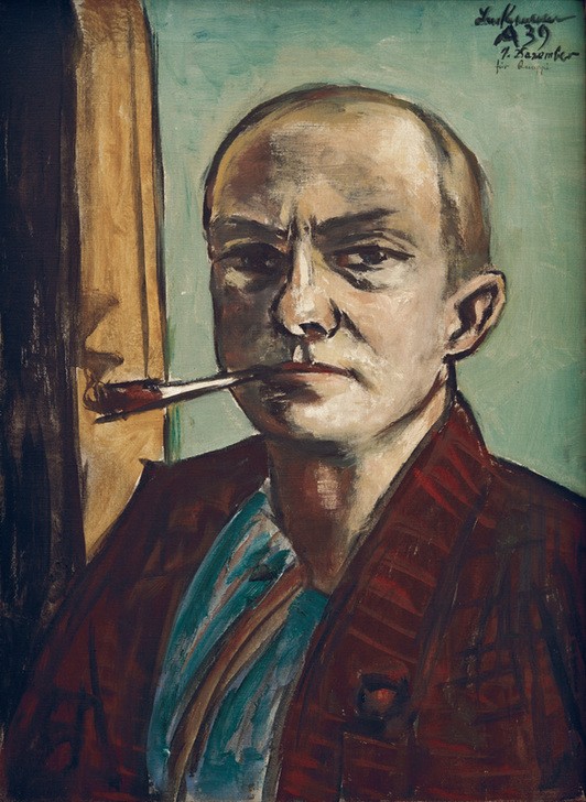 Max Beckmann, Selbstbildnis auf Grün mit grünem Hemd (Bildnis, Portrait, Selbstportrait, Pfeife, Rauchen, Klassische Moderne, Malerei, Expressionismus,  Persönlichkeiten, Wunschgröße, Wohnzimmer, bunt)