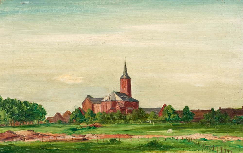 Theo Champion, Ansicht eines Dorfes mit Kirche (Landschaft, Landschaftsmalerei, Dorf, Kirche, Wisen, Weiden, Panorama, Realismus, Moderne, Wunschgröße, Wohnzimmer)