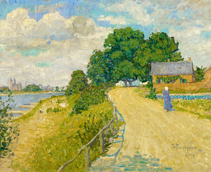 Theo Champion, Rheinansicht mit Kirche (Landschaftsmalerei, Landschaft, Fluß, Rhein, Kirche, Uferweg, Spaziergängerin, Sommer, Neoimpressionismus, Moderne, Wunschgröße, Wohnzimmer)