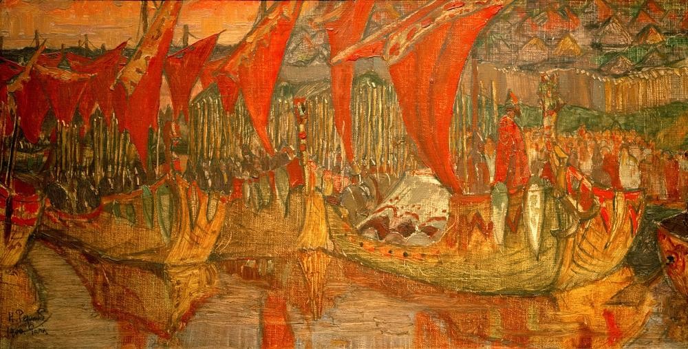 Nikolaj Konstantinowitsch Roerich , Wladimirs Reise nach Korsun (Geschichte,Grossfürst,Kunst,Schiff,Segelschiff,Reise,Russische Kunst,Historienmalerei,Schiffsreise,Heiliger,Jahrhundertwende,Abfahrt,Person,Schifffahrt)