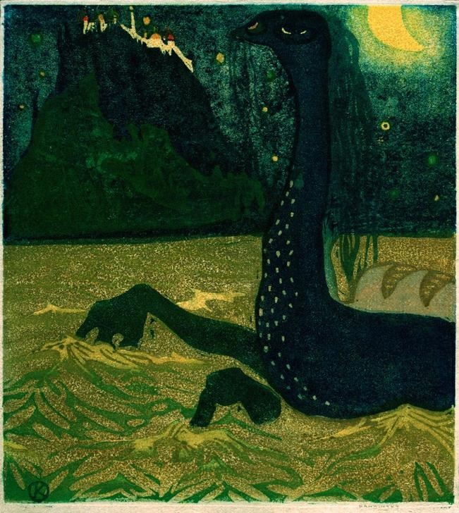 Wassily Kandinsky, Mondnacht (Kunst,Landschaft,Mond,Mythologie,Tageszeiten,Nacht,See,Fabelwesen,Seeungeheuer,Der Blaue Reiter,Russische Kunst,Ungeheuer,Felsen,Jahrhundertwende,Berg,Drache (Fabelwesen))