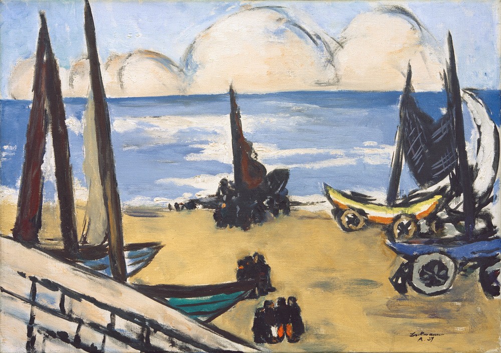 Max Beckmann, Boote am Strand (Meer, Meeresbrise, Strand, Wolken, Segelboote, Klassische Moderne, Malerei, Expressionismus,  Wunschgröße, Wohnzimmer, bunt)