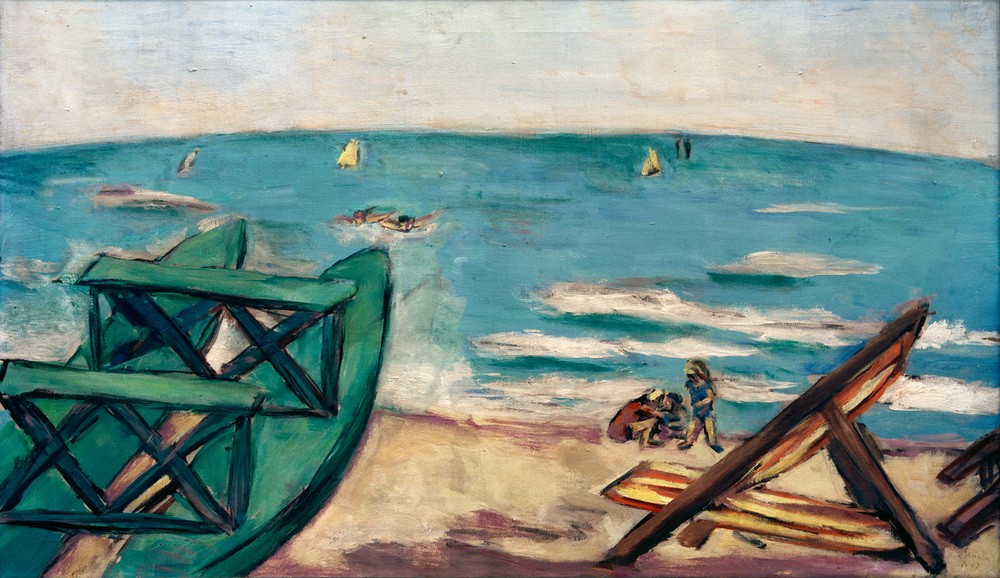 Max Beckmann, Strand mit Boot und Liegestuhl (Strand, Meer, Urlaub, Horizont, Expressionismus, Klassische Moderne, Malerei, Wohnzimmer, Treppenhaus, Wunschgröße, bunt)