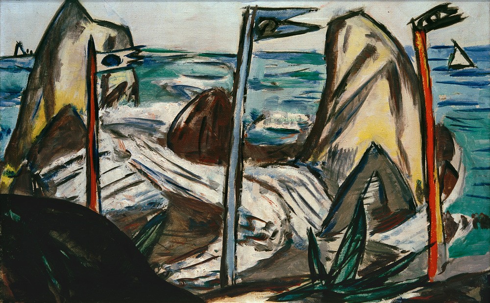 Max Beckmann, Felsen bei Bandol (Meer, Meeresbrise, Felsen, Boote, Klassische Moderne, Malerei, Expressionismus,  Wunschgröße, Wohnzimmer, bunt)