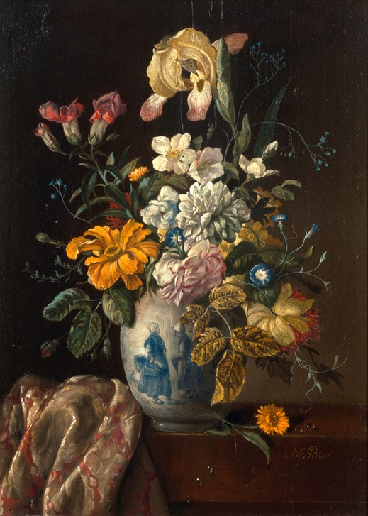 Franz Xaver Pieler, Blumenstillleben (Stillleben, Blumen, üppig, Blumenbouquet,Keramik Vase, Delfter Motiv, naturalisitsch, Wunschgröße, Wohnzimmer, Esszimmer)