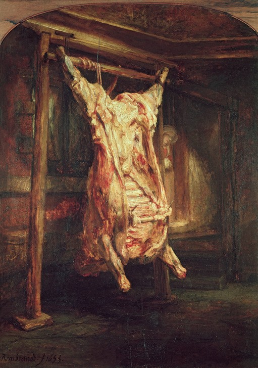 Rembrandt Harmenszoon van Rijn, Geschlachteter Ochse (Schlachten,Barock,Nahrungsmittel,Fleisch,Niederländische Kunst,Holländische Kunst,Fleischerei,Ochse,Rindfleisch,Handwerk)