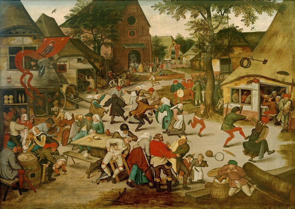 Pieter Brueghel der Jüngere, St. Georgs-Kirmes (Defäkation,Dorf,Feste,Flämische Kunst,Gasthaus,Kirche,Narr,Prozession,Tanz,Volksfest,Volkskunde,Volkstanz,Kirchgang,Niederländische Kunst,Erbrechen,Im Freien (Allgemein),Landleben,Ausgelassenheit,Landbevölkerung,Dorfleben,Land Und Leute,Kirmes)