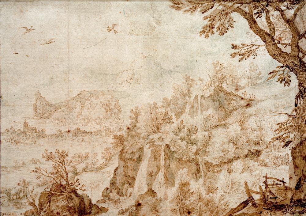 Jan Brueghel der Ältere, Gebirgslandschaft mit Hafen (Flämische Kunst,Gebirge,Hafen,Küste,Kunst,Landschaft,Barock,Niederländische Kunst,Braun,Farbe)