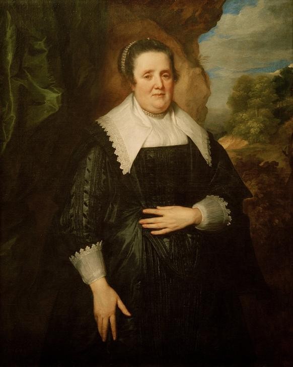 Anthonis van Dyck, Porträt einer älteren Frau (Damenmode,Flämische Kunst,Frau,Kunst,Landschaft,Mensch,Mode,Witwe,Barock,Hand,Portrait,Melancholie,Bürgertum,Niederländische Kunst,Kleid,Spitzenkragen,Kleidung (Allgemein),Kragen,Gefühl (Stimmung),Blick Aus Dem Bild,Kniestück,Witwentracht,Spitzenmanschett)