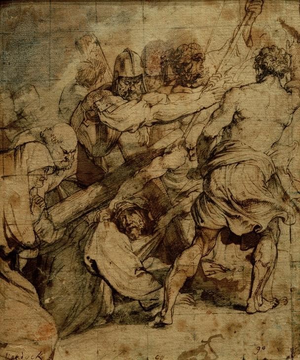 Anthonis van Dyck, Kreuztragung (Christentum,Flämische Kunst,Kreuz,Kunst,Religion,Soldat,Barock,Neues Testament,Bibel,Kreuztragung,Niederländische Kunst,Passion Christi,Braun,Farbe)