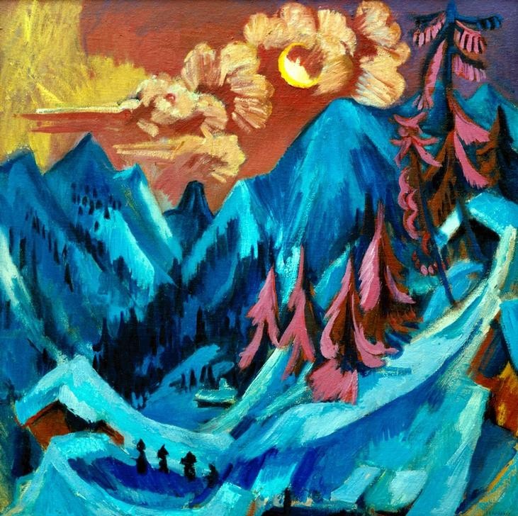 Ernst Ludwig Kirchner, Wintermondlandschaft (Entartete Kunst,Deutsche Kunst,Gebirge,Jahreszeiten,Kunstausstellung,Kunst,Landschaft,Licht Und Beleuchtung,Mond,Nationalsozialismus,Winter,Tageszeiten,Abend,Expressionismus,Die Brücke,Blau,Mondschein)