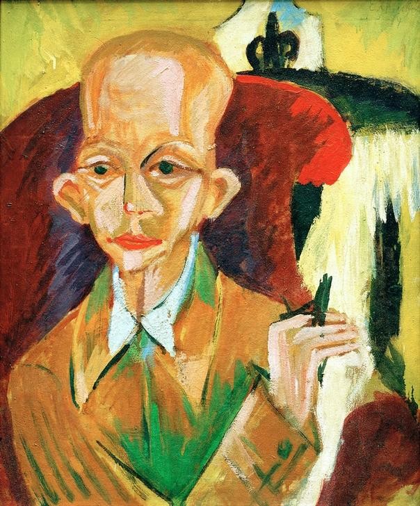 Ernst Ludwig Kirchner, Bildnis Oskar Schlemmer (Entartete Kunst,Bauhaus,Bildhauer,Deutsche Kunst,Künstler,Kunstausstellung,Kunst,Maler (Künstler),Mann,Nationalsozialismus,Tabak,Bühnenbildner,Portrait,Expressionismus,Die Brücke,Sitzen,Halbfigur,Person,Raucher)