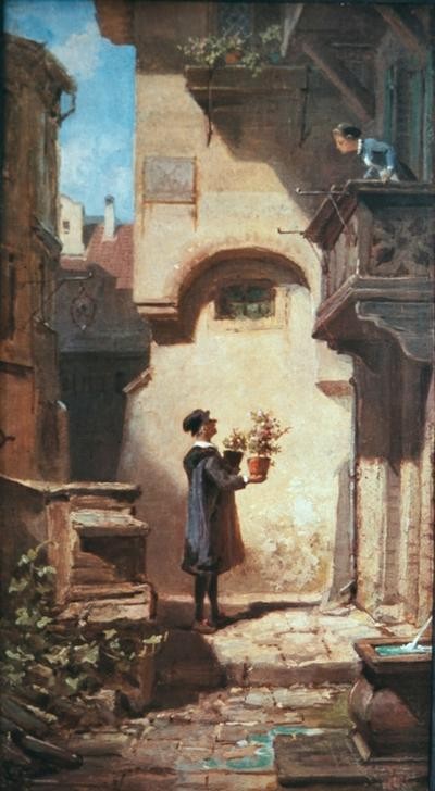 Carl Spitzweg, Der Gratulant (Architektur,Balkon,Deutsche Kunst,Herrenmode,Mantel,Mann,Brunnen,Biedermeier,Geschenk,Hinterhaus,Gratulation,Überraschung,Dienstmädchen,Pflasterstein,Topfblume,Gratulant)