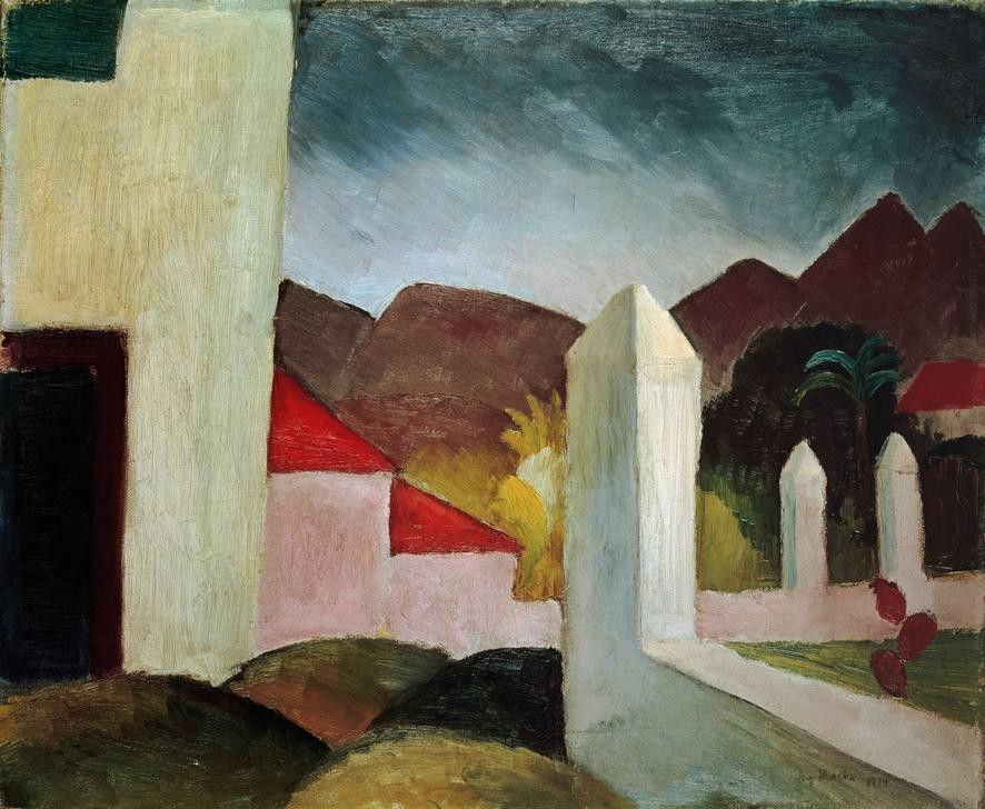 August Macke, Tunesische Landschaft (Architektur, Dorf, Die Tunisreise, Tunesien, Orientalisch, Landschaft, Berge, Gebäude,  Wohnzimmer, Treppenhaus, Expressionismus,  Klassische Moderne, Malerei, Wunschgröße, bunt)