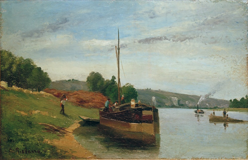 Camille Pissarro, Péniches sur la Seine (Boot,Dampfer,Kunst,Landschaft,Schiff,Verkehr,Impressionismus,Fluss,Lastkahn,Französische Kunst,Binnenschiffahrt,Flusschiffahrt,Frachtschiff,Schifffahrt)