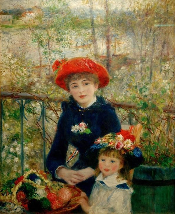 Pierre-Auguste Renoir, Les deux Soeurs (sur la Terrasse) (Damenhut,Damenmode,Familie,Frau,Geschwister,Kindermode,Mädchen,Maler (Künstler),Mensch,Terrasse,Impressionismus,Hut,Schwester,Kleinkind,Französische Kunst,Im Freien (Allgemein),Jugendliche,Blumenkorb,Blume,Junge Frau,Doppelportrait,Rot)
