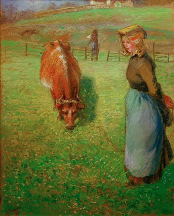 Camille Pissarro, Vachère (Bauer (Landwirt),Frau,Kunst,Milchwirtschaft,Rinderzucht,Rind,Weide,Impressionismus,Bäuerin,Schürze,Französische Kunst,Landbevölkerung,Schute (Hut),Landwirtschaft,Viehzucht)