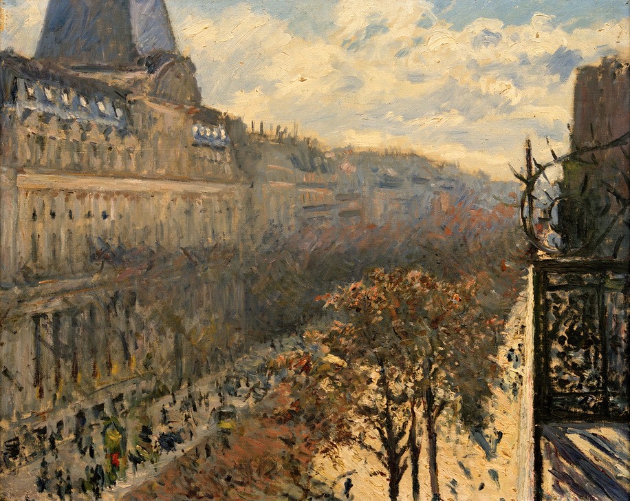 Gustave Caillebotte, Boulevard des Italiens (Architektur,Geographie,Haus,Kunst,Stadt,Strasse (Allgemein),Verkehr,Wohnhaus (Allgemein),Urbanistik,Impressionismus,Grossstadt,Vedute,Stadtansicht,Architekturdarstellung,Französische Kunst,Vogelschau,Ansicht,Hauptstadt,Boulevard,Topographie,Privatsammlung)