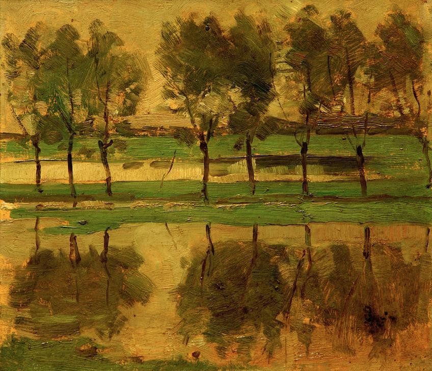 Piet Mondrian, Weidenbäume mit Sonne (Gewässer,Kunst,Landschaft,Weide,Impressionismus,Spiegelung,Baum,Niederländische Kunst,Sonnenschein,Jahrhundertwende)