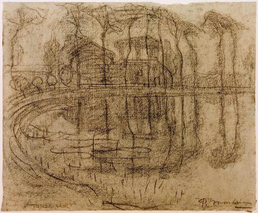 Piet Mondrian, Bauernhaus mit Bäumen am Wasser (Bauernhaus,Bauernhof,Dorf,Gewässer,Kunst,See,Baum,Niederländische Kunst,Jahrhundertwende,Landwirtschaft)