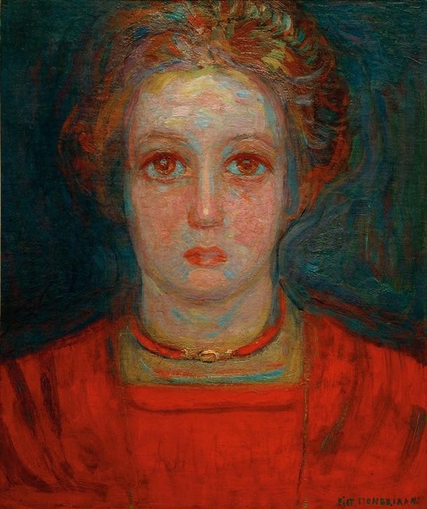 Piet Mondrian, Mädchenporträt (Frau,Kunst,Mensch,Schmuck,Fauves,Portrait,Halskette,Niederländische Kunst,Rot,Brustbild)